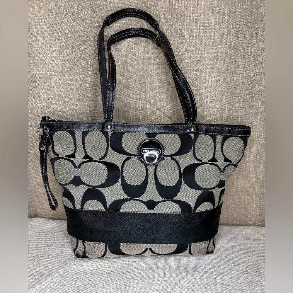 Coach Signature Stripe Canvas Tote Black and Grey